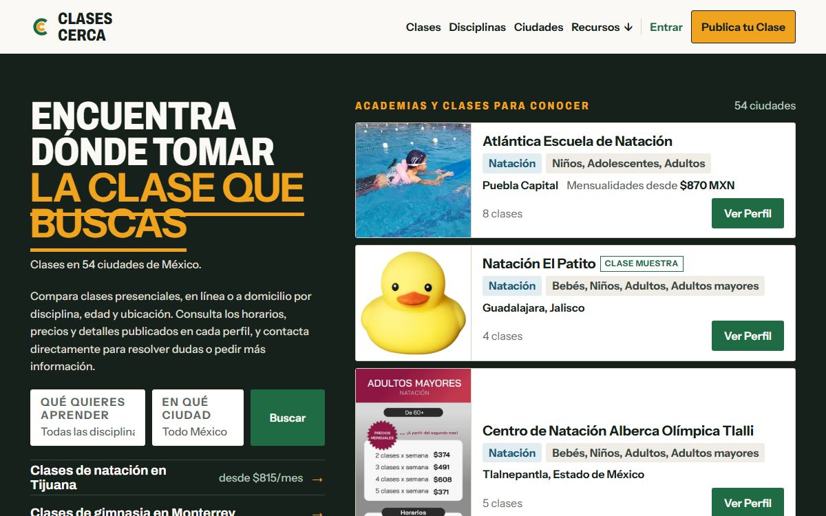 Página de inicio de Clases Cerca